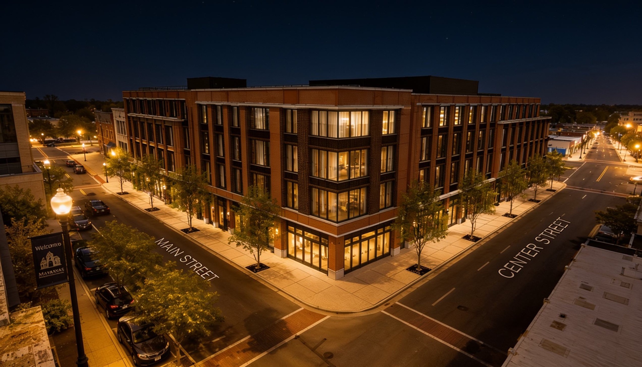 Hotel CenterST Manassas corner rendering at night